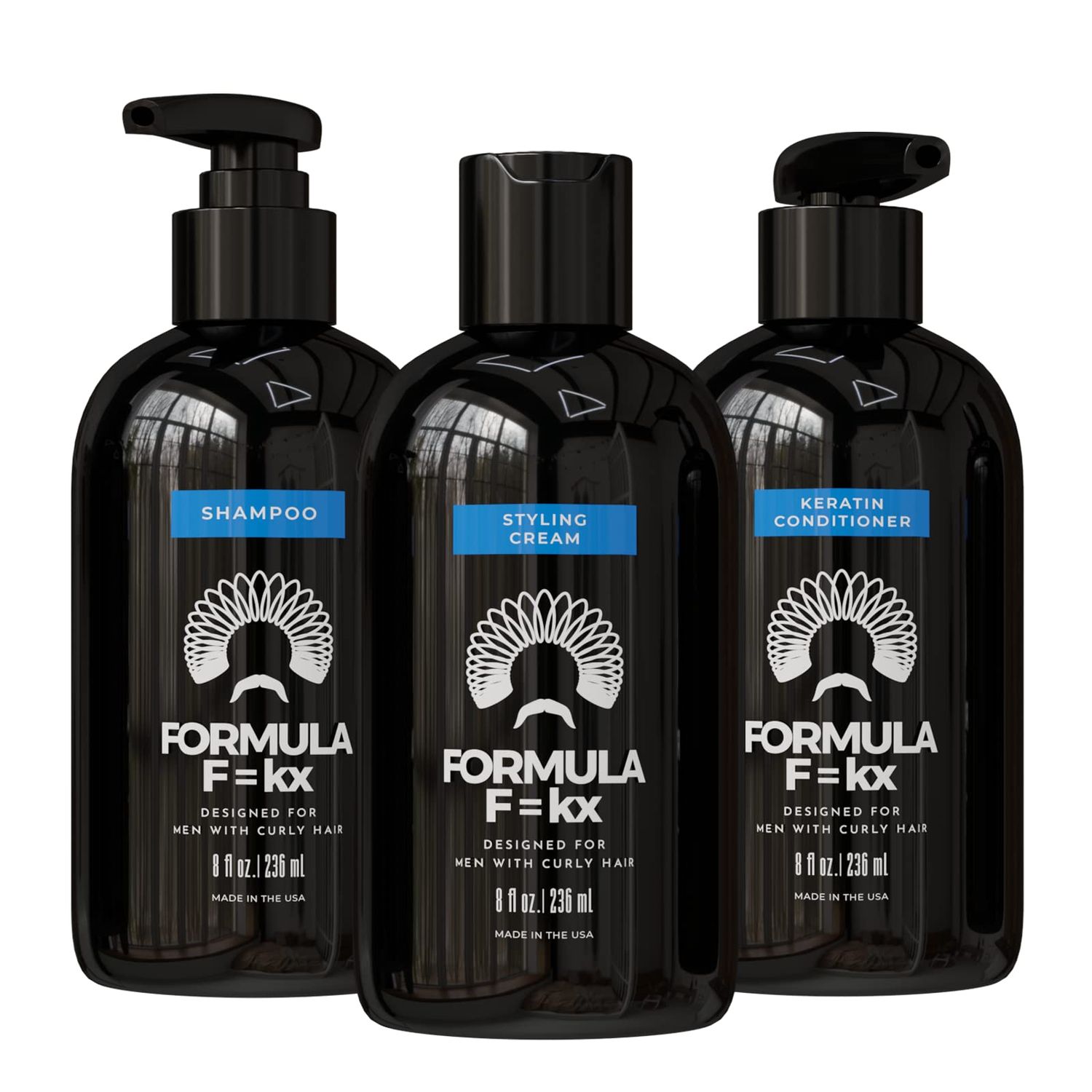 Formula Fkx - Curly Kinky Hair Care System for Men - Hydrating Shampoo, Conditioner, and Curl Cream Set - Sulfate Free - Ocean Scent - 8oz Each