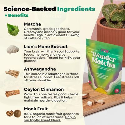 Pow Wonder Matcha Organic Ceremonial Matcha wAdaptogens, Mushrooms, Lion's Mane Mushroom and Ashwagandha (Lightly Sweetened Up to 28 Servings)