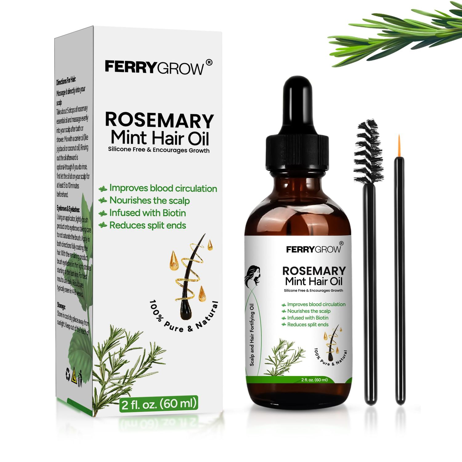 FerryGrow Rosemary Mint Hair Oil 60 ml Hair Growth Oil with Biotin for Thicker, Stronger Hairs Scalp Treatment Rosemary Hair Growth 0il
