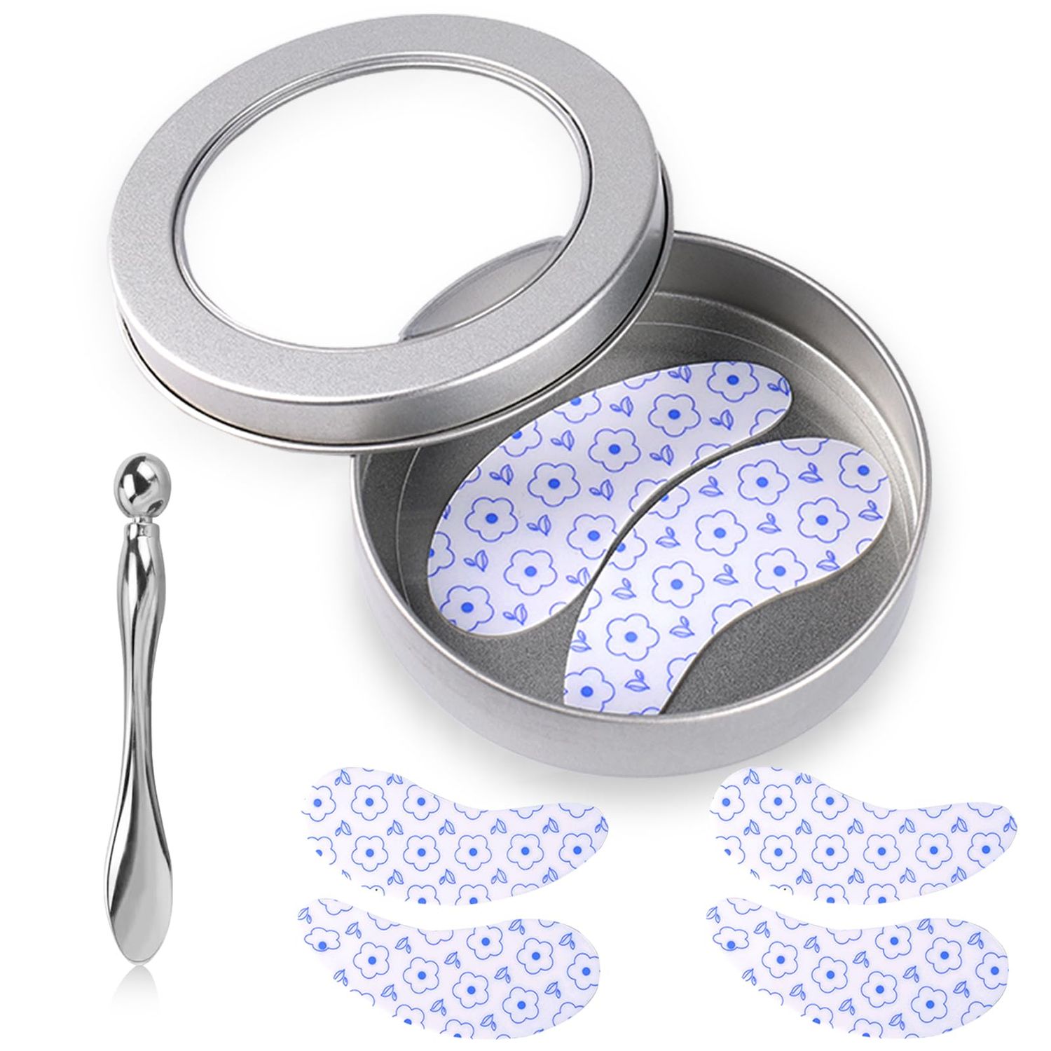 Reusable Eye Patches, 2 Pairs Silicone Under Eye Patches for Fine Lines Dark Circles with Metal Eye Cream Applicator, Visible Metal Case