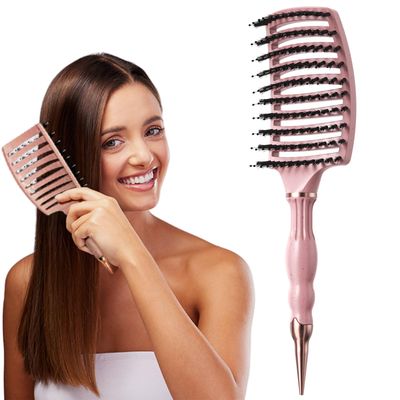 LOBINH Hair Brush, Boar Bristle Hair Brushes, Detangling Hairbrush for Thick Curly Thin Long Short Wet Dry Hair Adds Shine Health and Makes Hair Smooth, Curved Vented Hair Brush for Women Men Kids