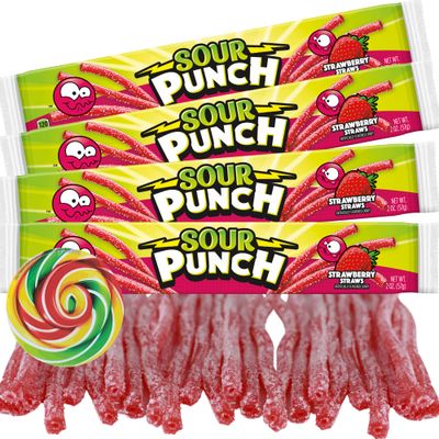 Strawberry Sour Punch Straws, Soft and Chewy Candy Ropes, Easter Basket Stuffer Treats, 2 Ounces (Pack of 4)