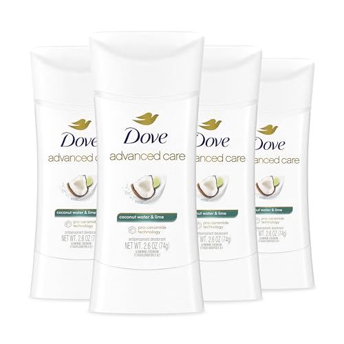Dove Advanced Care Antiperspirant Deodorant Stick Coconut Water Lime scent 4 Ct for helping skin barrier repair after shaving 72H odor control all-day sweat protection for soft underarms 2.6 oz