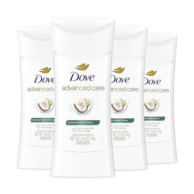 Dove Advanced Care Antiperspirant Deodorant Stick Coconut Water Lime scent 4 Ct for helping skin barrier repair after shaving 72H odor control all-day sweat protection for soft underarms 2.6 oz