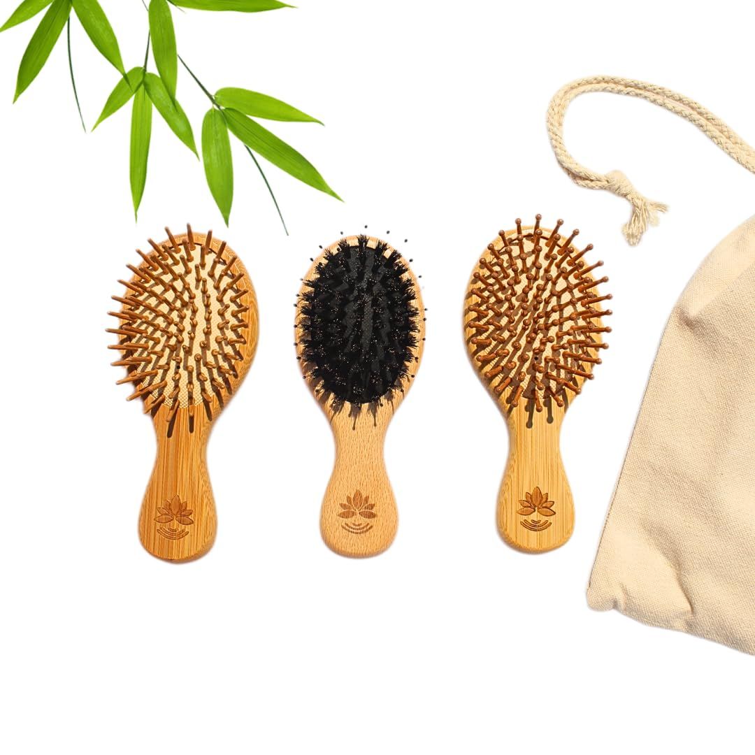 Set of 3 mini bamboo hair brushes, Travel Size Mini Paddle Detangling Hairbrush for Women, Men, Kids and Baby, Thick, Thin, Curly, StraightDry