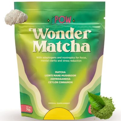 Pow Wonder Matcha Organic Ceremonial Matcha wAdaptogens, Mushrooms, Lion&#39;s Mane Mushroom and Ashwagandha (Lightly Sweetened Up to 28 Servings)