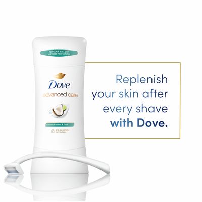 Dove Advanced Care Antiperspirant Deodorant Stick Coconut Water Lime scent 4 Ct for helping skin barrier repair after shaving 72H odor control all-day sweat protection for soft underarms 2.6 oz