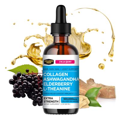 Collagen Mojo - Liquid Collagen for Women Men, Collagen Peptides with Ashwagandha, Elderberry L-Theanine - Hair, Skin, Nails, Joint Stress Support, High Absorption - 100,000mcg, 2 Oz