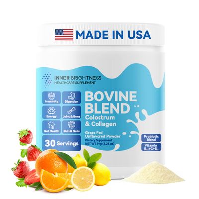 Inner Brightness Bovine Colostrum Collagen Powder for Gut Health, Immune Support, Hair Growth Beauty Supplement, Sugar Free - IgG, Probiotics, Vitamin B12, C, D3 - Unflavored, 30 Servings