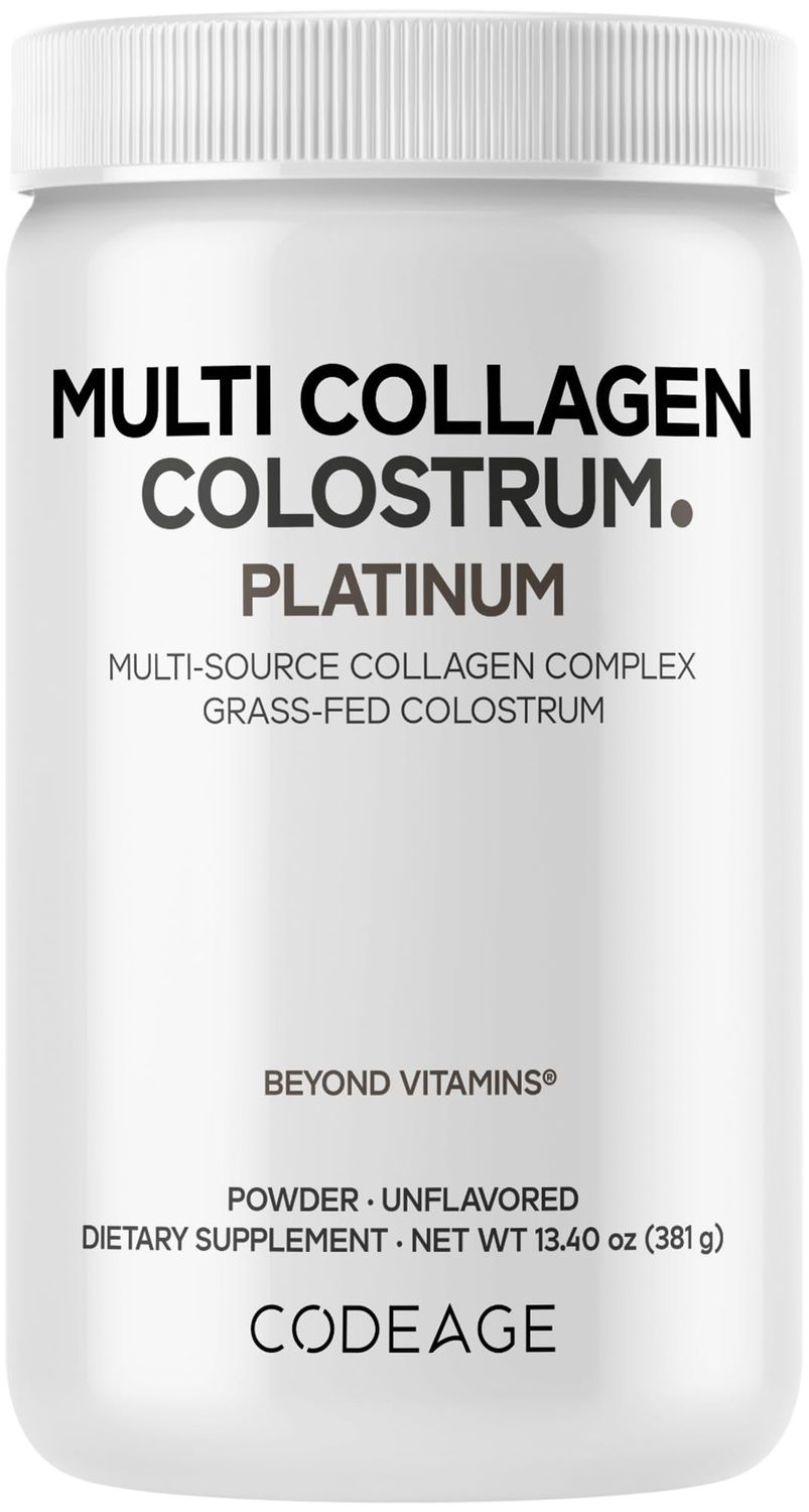 Codeage Multi Collagen Colostrum Powder Platinum - Hydrolyzed Grass-Fed Bovine Collagen Peptides, Grass-Fed Bovine Colostrum Supplement, Vitamin C, Biotin, Hyaluronic Acid, Lactoferrin - 13.4 Oz.