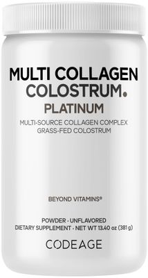 Codeage Multi Collagen Colostrum Powder Platinum - Hydrolyzed Grass-Fed Bovine Collagen Peptides, Grass-Fed Bovine Colostrum Supplement, Vitamin C, Biotin, Hyaluronic Acid, Lactoferrin - 13.4 Oz.