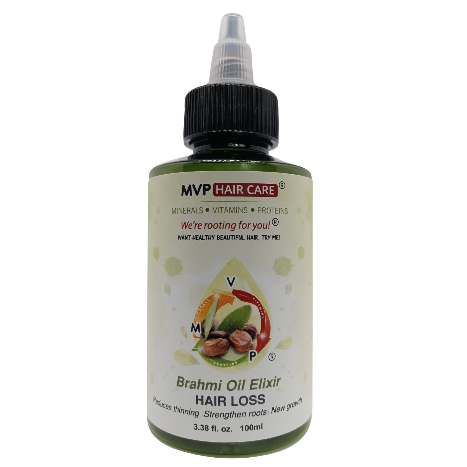 MVP Hair Care, Hair Loss, Brahmi Oil Elixir, Bacopa Monnieri, Cold Pressed, Ayurvedic Herbal Hair Oil, Reduce Thinning, Hair Growth, 3.38 Ounce Nozzle (3.38 Fl Oz (Pack of 1))