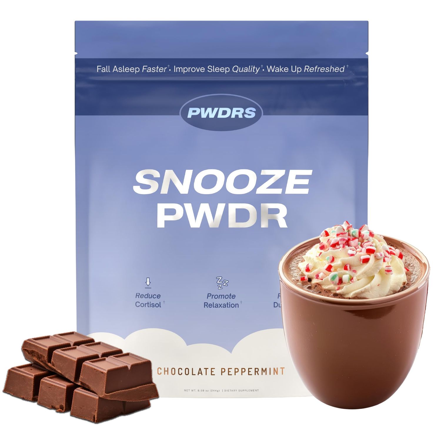 PWDRS Snooze Sleepy Time Hot Chocolate All Natural Sleep Support Magnesium Glycinate, L Theanine, Chamomile, Electrolytes 20 Calories, Non GMO Chocolate Peppermint