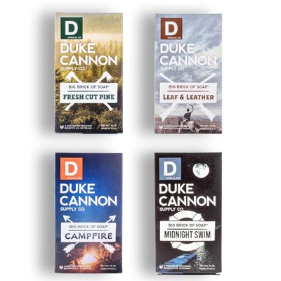 Duke Cannon Supply Co. Big Brick of Soap Bar, Frontier 40 - Fresh Cut Pine, Leaf Leather, Campfire Midnight Swim, Extra Large, Masculine Scents, 10 oz. (Variety, 4 Pack)