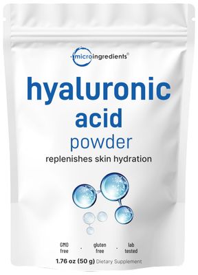 Micro Ingredients Hyaluronic Acid Serum Powder, 50 Grams Low Molecular Weight, Cosmetics Grade Skin Hydration and Moisture Support Supplements Vegan, Water Soluble (Within 2 Hours)