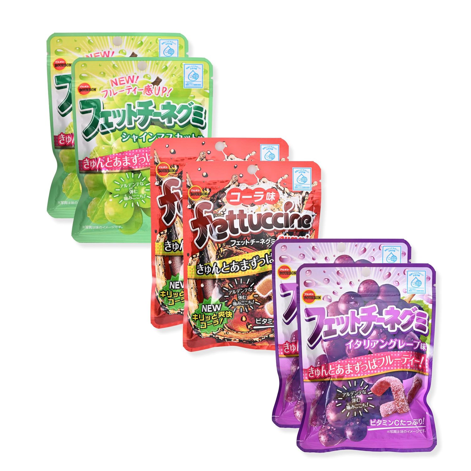 Bour-bon Fettuccine Gummy Candy Jelly 50g - Green Muscat, Italian Grape, and Cola Flavors, 2Pack Each Total 6pcs, Fettuccine Shape Chewy, Gummy Candy Bulk Japanese Snack, Gummies Candy Variety Pack