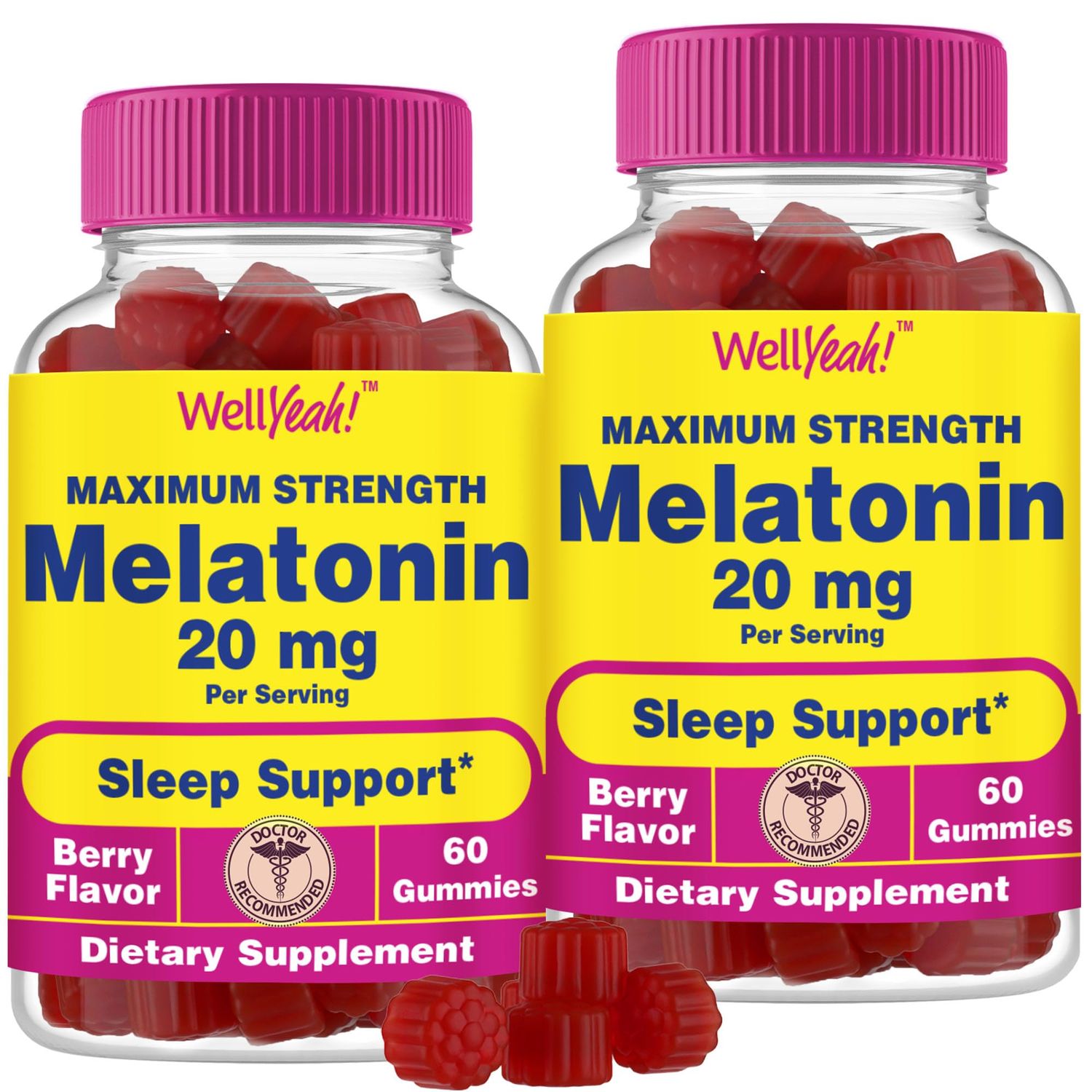 WellYeah Melatonin Gummies 20mg (2 Pack) Sleep Support Maximum Strength Melatonin 20mg Gummies for Adults Fast Dissolved Great Berry Flavor 60 Count Vegan, Non GMO