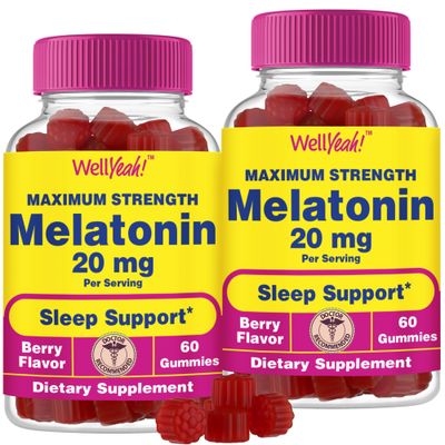 WellYeah Melatonin Gummies 20mg (2 Pack) Sleep Support Maximum Strength Melatonin 20mg Gummies for Adults Fast Dissolved Great Berry Flavor 60 Count Vegan, Non GMO