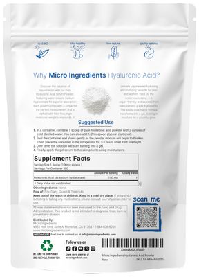 Micro Ingredients Hyaluronic Acid Serum Powder, 50 Grams Low Molecular Weight, Cosmetics Grade Skin Hydration and Moisture Support Supplements Vegan, Water Soluble (Within 2 Hours)
