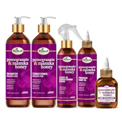 Difeel Pomegranate Manuka Honey Shampoo Conditioner 5-PC Set - Includes 33.8oz Shampoo, 33.8oz Conditioner, 8oz Leave in Spray, 8oz Hair Oil 2.5oz Root Stimulator