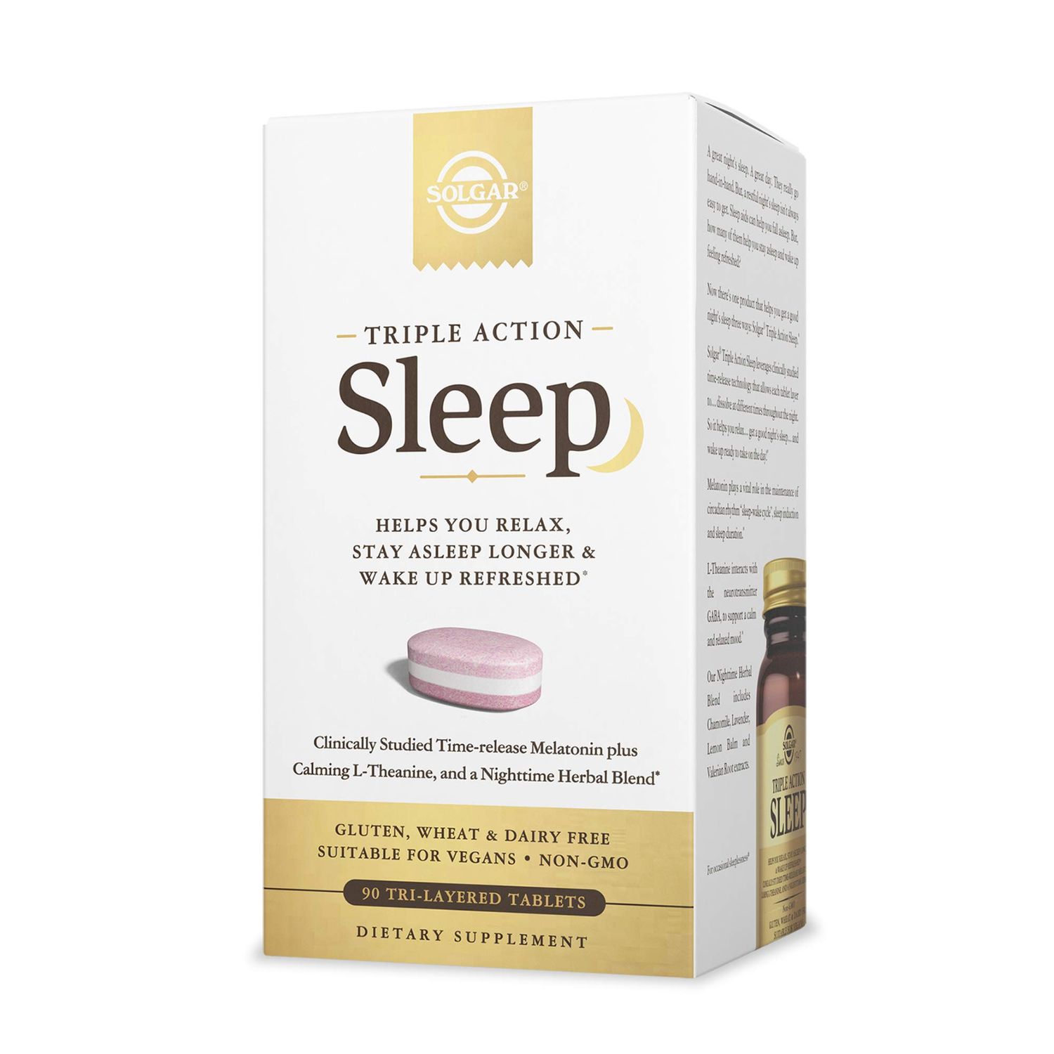 Solgar Triple Action Sleep, 90 Tri-Layer Tablets - Time-Release Melatonin L-Theanine Plus Herbal Blend - Helps You Relax - Non-GMO, Gluten Free - 90 Servings