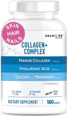 Granions Marine Collagen Pills - 2000mg Hydrolyzed Marine Collagen Peptides, Hyaluronic Acid, Vitamin C, Calcium, Magnesium - Skin, Hair, Nails, Pro Aging Hyaluronic Acid Supplements - 180 Tablets