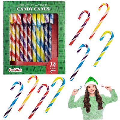 Fruidles Christmas Candy Canes Suckers, Multicolored Rainbow Fruity Flavor, Individually Wrapped (12-Pack)