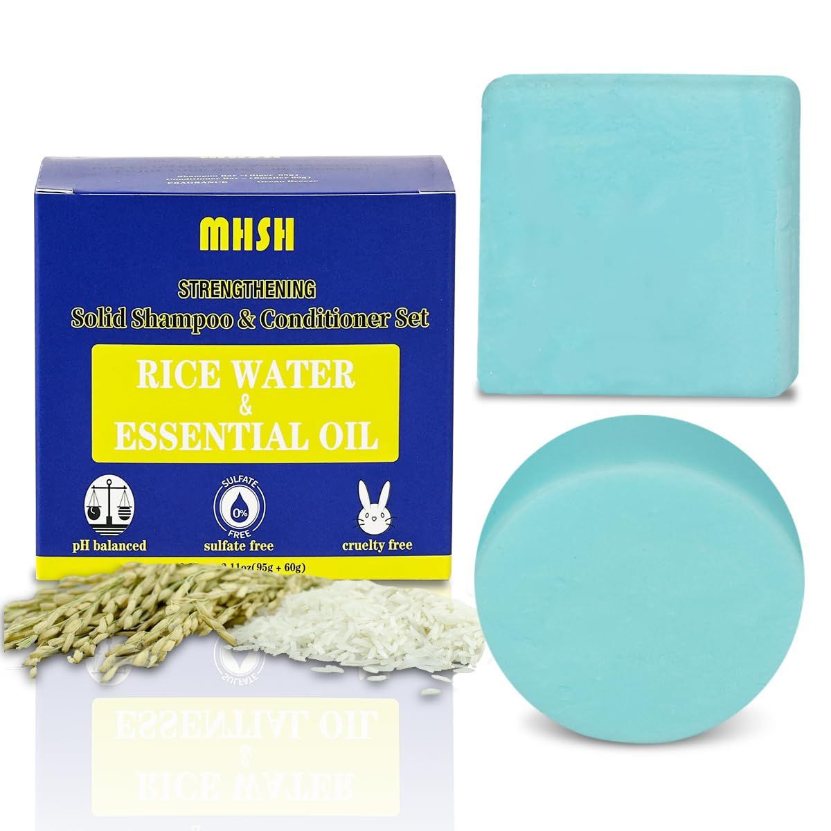 MHSH Rice Water Shampoo and Conditioner for Hair Growth Strengthening, 95g Shampoo Bar 60g Conditioner Soap for All Hair Types, Paraben Sulfate Free