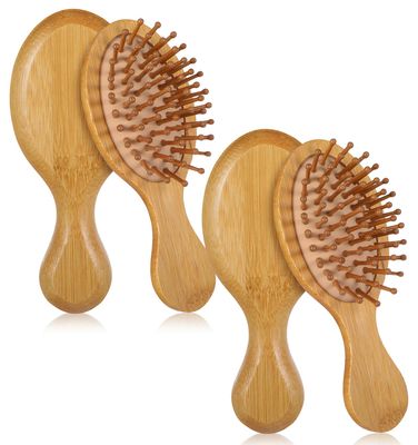 Bamboo Hairbrush, 2 Pcs Wood Hair Brush for Travel Home WetDry Hair Massaging, Natural Mini Bamboo Brush for Women Men Kids All Hair Types