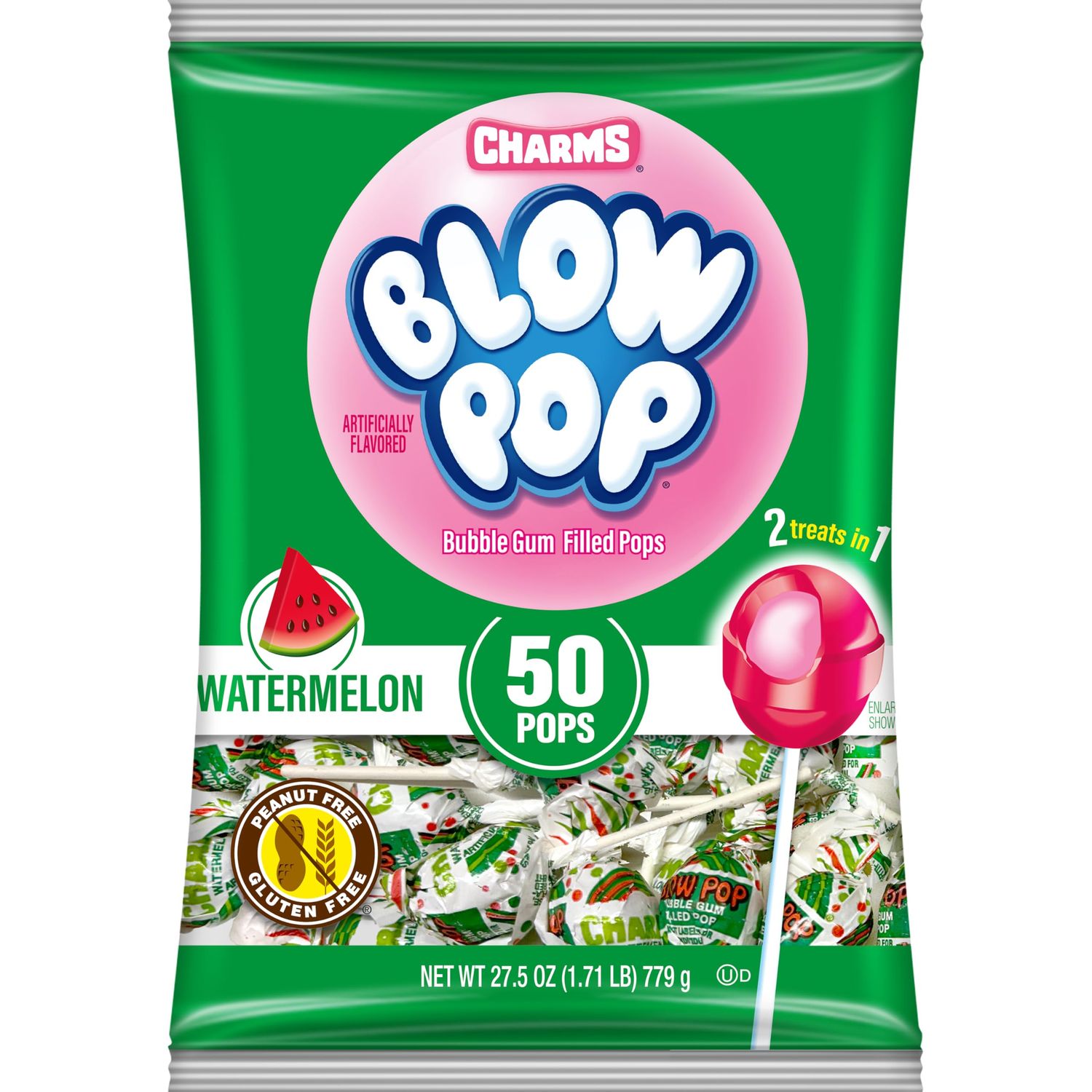 Charms Blow Pop Single Flavor Bag - Watermelon Flavored Lollipops with a Bubble Gum Center - Individually Wrapped Hard Candy - Pink Candy - Peanut Free, Gluten Free, 50 Count (Pack of 1)