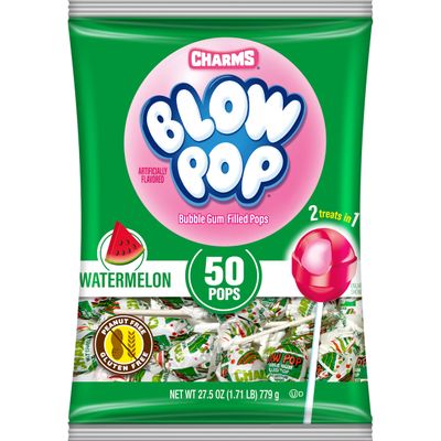Charms Blow Pop Single Flavor Bag - Watermelon Flavored Lollipops with a Bubble Gum Center - Individually Wrapped Hard Candy - Pink Candy - Peanut Free, Gluten Free, 50 Count (Pack of 1)