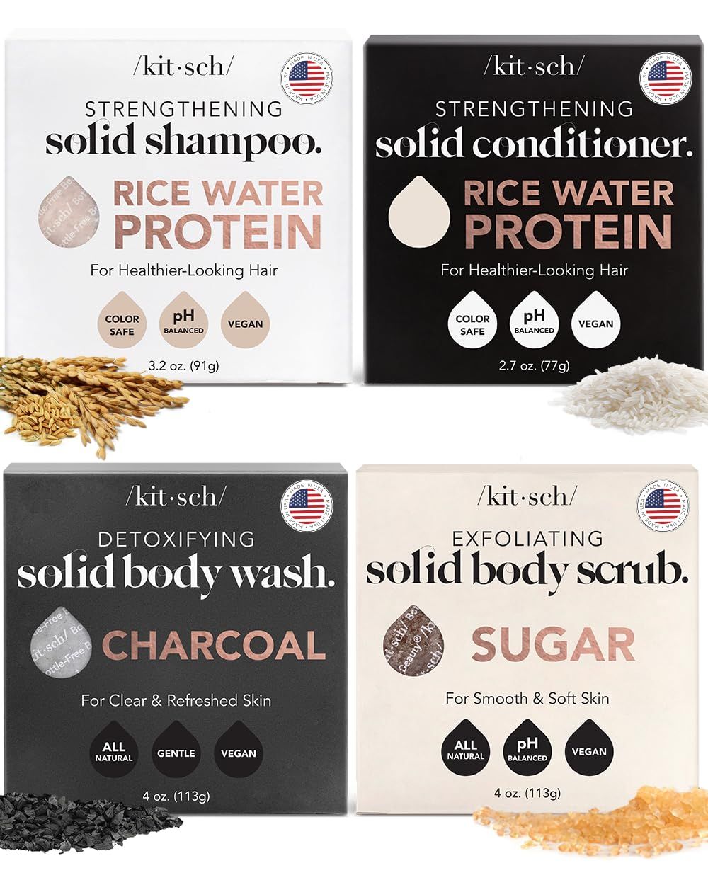 Kitsch 4pc Set - Rice Water Shampoo Conditioner Bar, Charcoal Body Soap Sugar Scrub Bar, Solid Bars with Castor Oil Coconut Oil, Vegan, Paraben-Free, Hair Body Care
