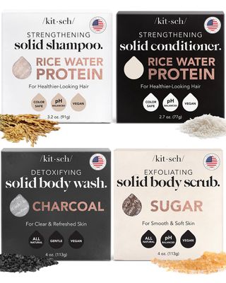 Kitsch 4pc Set - Rice Water Shampoo Conditioner Bar, Charcoal Body Soap Sugar Scrub Bar, Solid Bars with Castor Oil Coconut Oil, Vegan, Paraben-Free, Hair Body Care