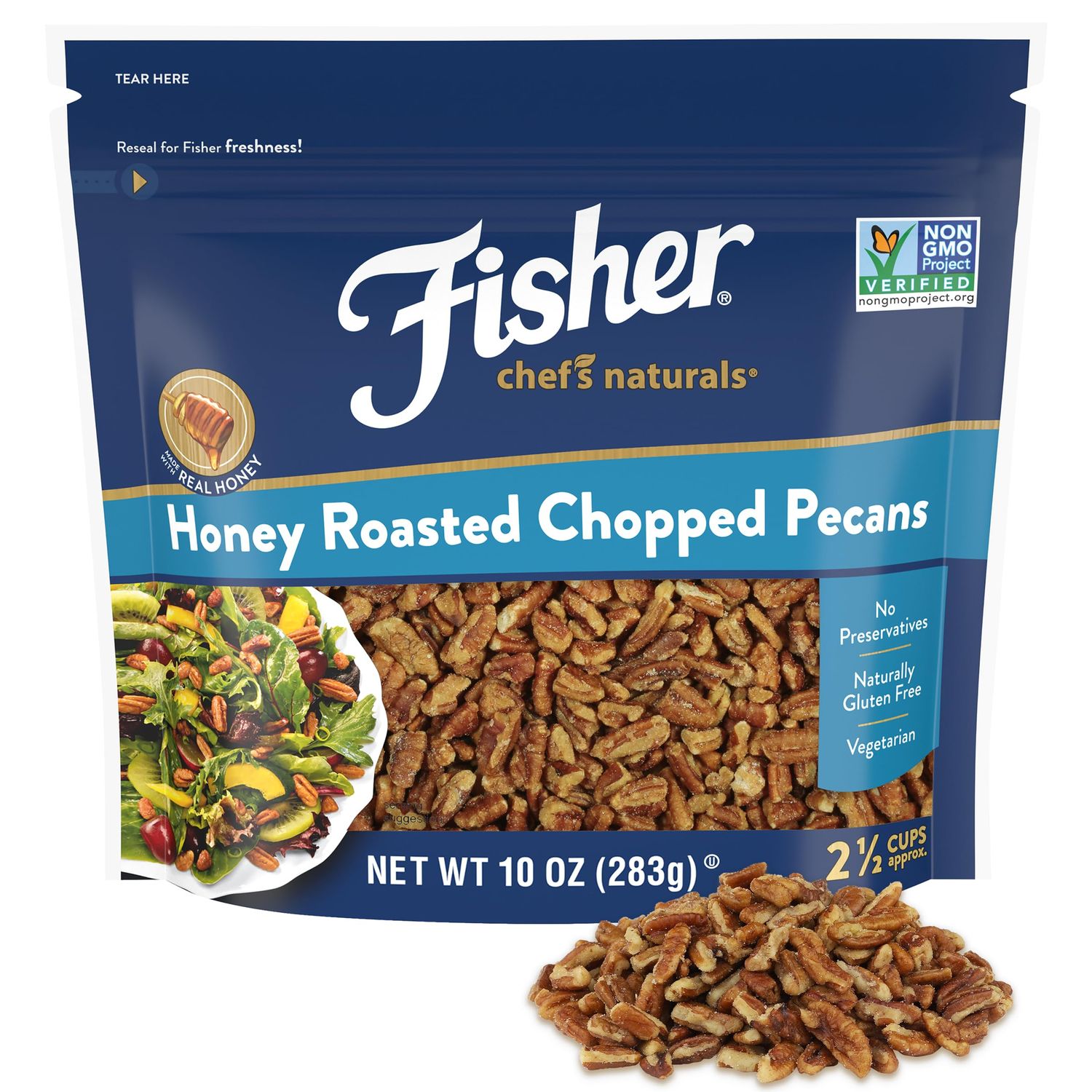 Fisher Chef&#39;s Naturals Honey Roasted Chopped Pecans 10oz Resealable Bag, Unsalted Raw Nuts for Cooking, Baking Snacking, Vegan Protein, Keto Snack, Gluten Free