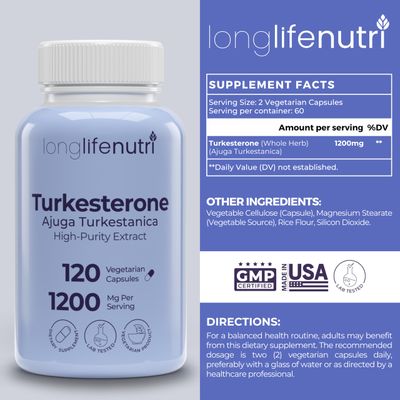 LongLifeNutri Turkesterone 1200mg - High Purity Ajuga Turkestanica for Strength, Recovery, Muscle Growth, 120 Vegetarian Capsules, 2-Month Supply, Whole Herb Supplement, GMP Certified, Made in USA
