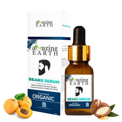 AMAzing EARTH Beard Serum for Men - Certified Organic, Hair Growth, Argan Oil, Shiny Beard, No Silicone, Vegan Cruelty Free - 30 ml