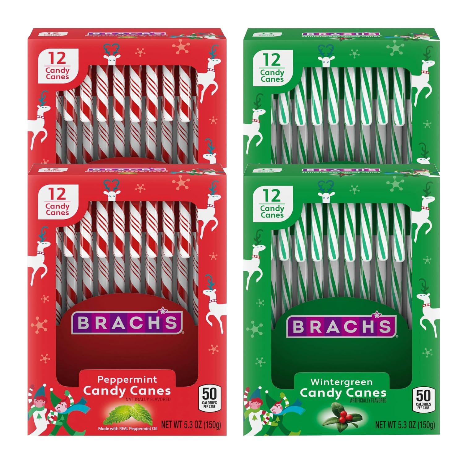 Brachs Candy Canes Christmas Candy - Wintergreen and Peppermint Candy Canes Individually Wrapped - Classic Holiday Candy Bulk Pack - Christmas Candy Cane Decorations - 12 Count (Pack of 4)