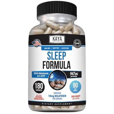 Kaya Naturals - Sleep Support Formula with Melatonin - Aid Support Vitamin Supplement - Sleep Stress and Mood Support - L-Tryptophan, Passion Flower, Ashwagandha and More - 180 Capsules (180 Count)