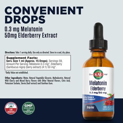 KAL 0.3 Mg Melatonin Cherry Elderberry Dropins, 2 Fluid Ounce