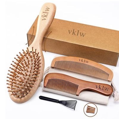 vklw Wooden Hair Brush and Comb, One-piece Design, Reduce Frizz and Static, Massage Scalp, Detangling Paddle Hairbrush for Women, Girls, Kids, Includes Cleaning Claw, 5 Wood Bristles