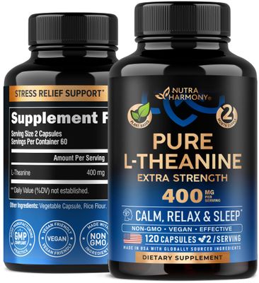 L Theanine 400 mg L-Theanine Stress Relief Extra Strength Supplement Made in USA Relaxation, Sleep Calm Support For Men Women Plant Based, Non-GMO Gluten-Free 120 Vegan Capsules