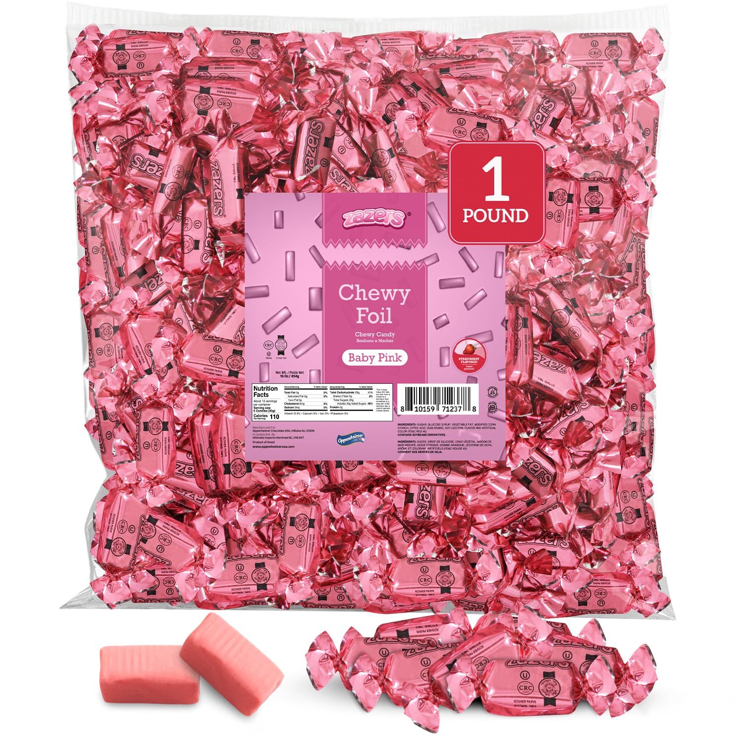 Zazers Baby Pink Chewy Foil Candy - 1 Pound - Strawberry Flavor - Individually Wrapped, Perfect for Color Themed Party Decor Gender Reveals, Kosher, Gluten-Free, Nut-Free