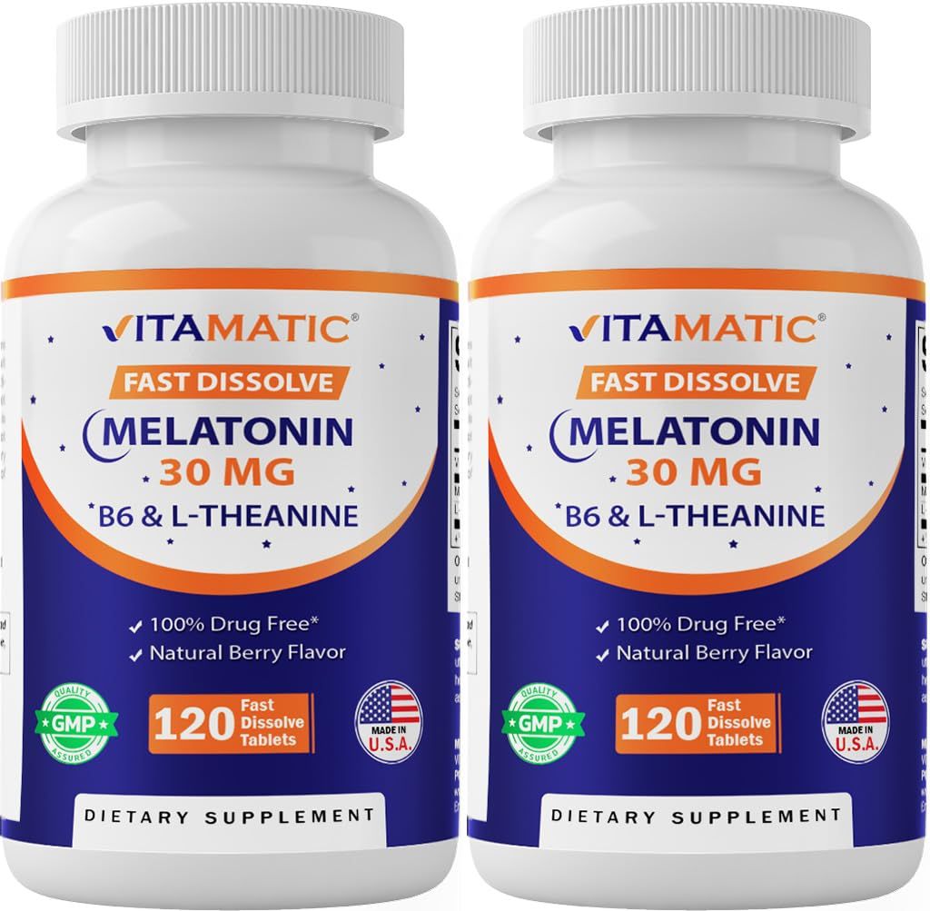 Vitamatic Melatonin 30 mg - with B6 L-Theanine - 120 Fast Dissolve Tablets with Natural Berry Flavor (2 Tablets Dose Melatonin 60 mg) (120 Count (Pack of 2))