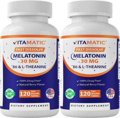 Vitamatic Melatonin 30 mg - with B6 L-Theanine - 120 Fast Dissolve Tablets with Natural Berry Flavor (2 Tablets Dose Melatonin 60 mg) (120 Count (Pack of 2))