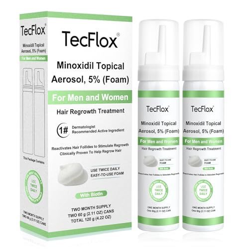Tecflox Minoxidil Foam - 5 Minoxidil for Men Women, Hair Beard Growth with Biotin, Thicker Hair, Unscented, 2 x 2.11 Oz, 2-Month Supply, Hair Loss Treatment (Blue)