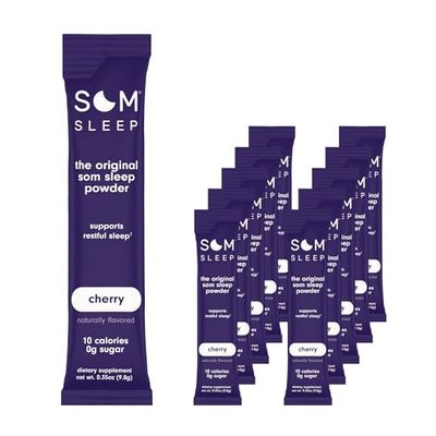 Som Sleep, Restful Sleep Powder Drink Mix wMelatonin, Magnesium, Vitamin B6, L-Theanine GABA - Vegan, Zero Sugar, Keto Friendly - Cherry, 10-Pack