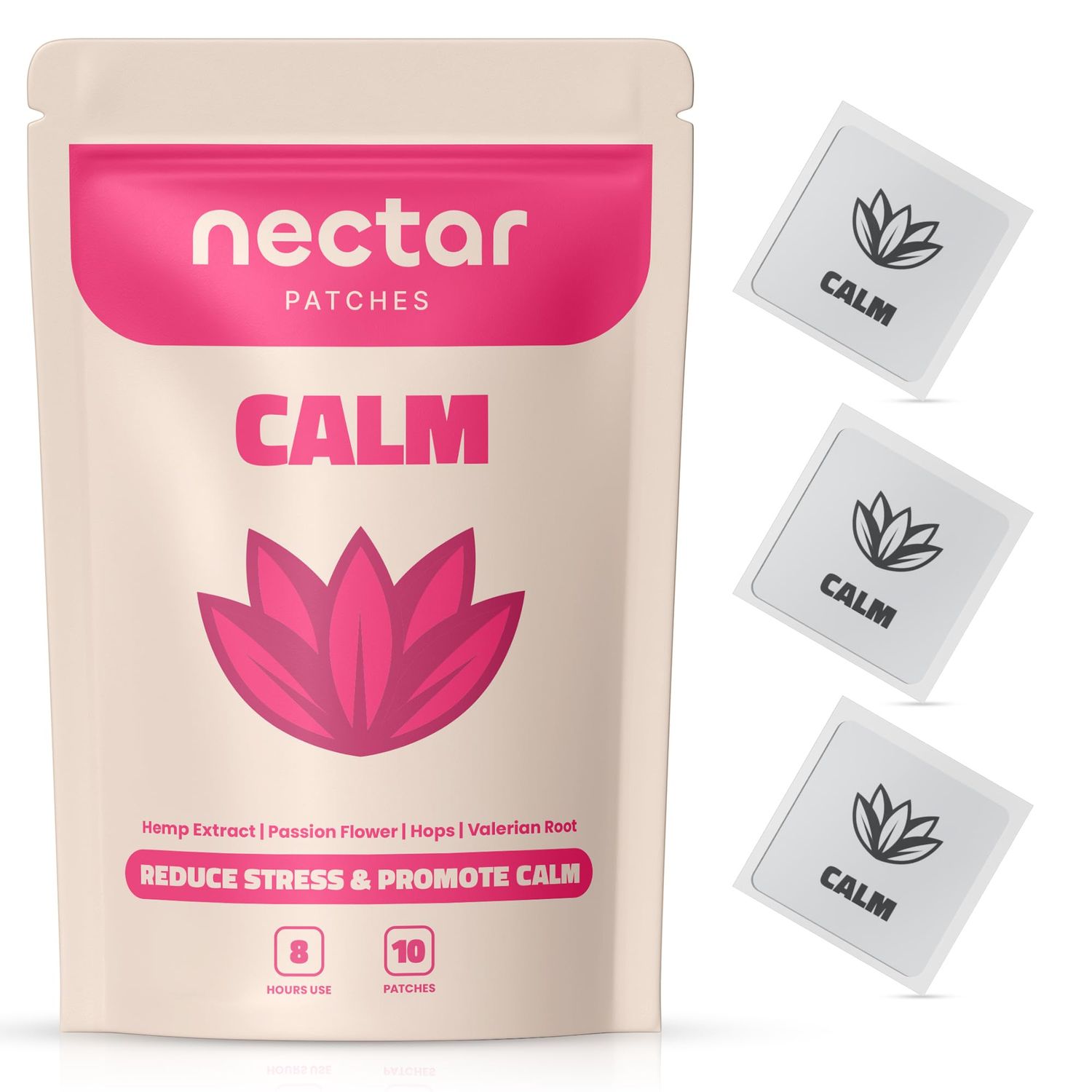 10x Calm Patches with Hemp Extract, Passion Flower, Hops Valerian Root - Relax Unwind, Non-Fatiguing, Sustained-Release for All-Day Calm