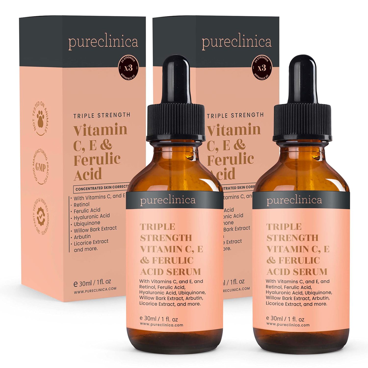 Triple Strength Vitamin C, E Ferulic Acid Serum (wRetinol double weight Hyaluronic Acid) - 30ml 1 fl oz (2 bottles)