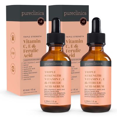 Triple Strength Vitamin C, E Ferulic Acid Serum (wRetinol double weight Hyaluronic Acid) - 30ml 1 fl oz (2 bottles)