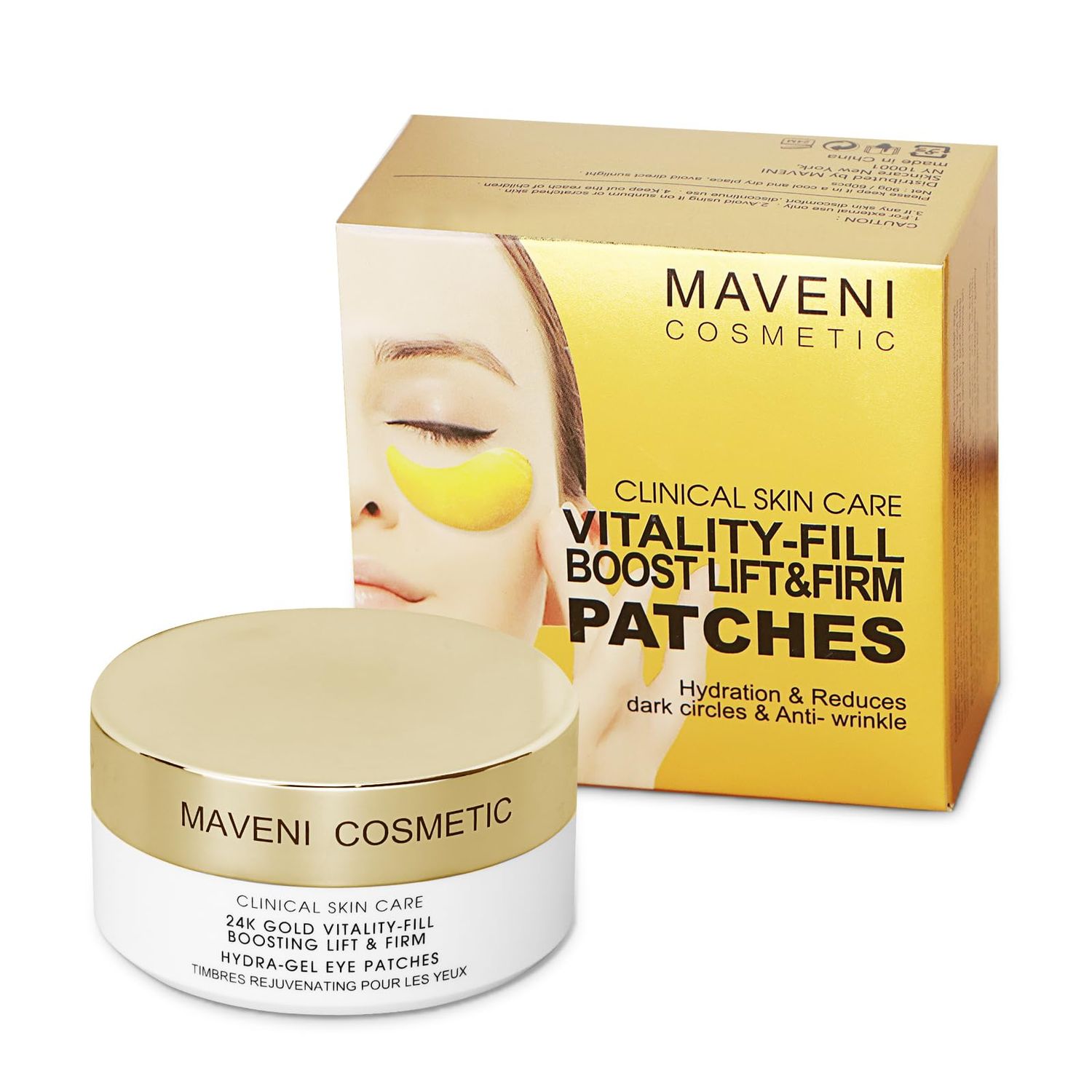 MAVENI COSMETIC 24k Gold Vitality-Fill Hydra-Gel Eye Patches(30 Pairs) Help Boosting Lift Firm the Look of the Eye Area, Anti-Aging Under-Eye Patches